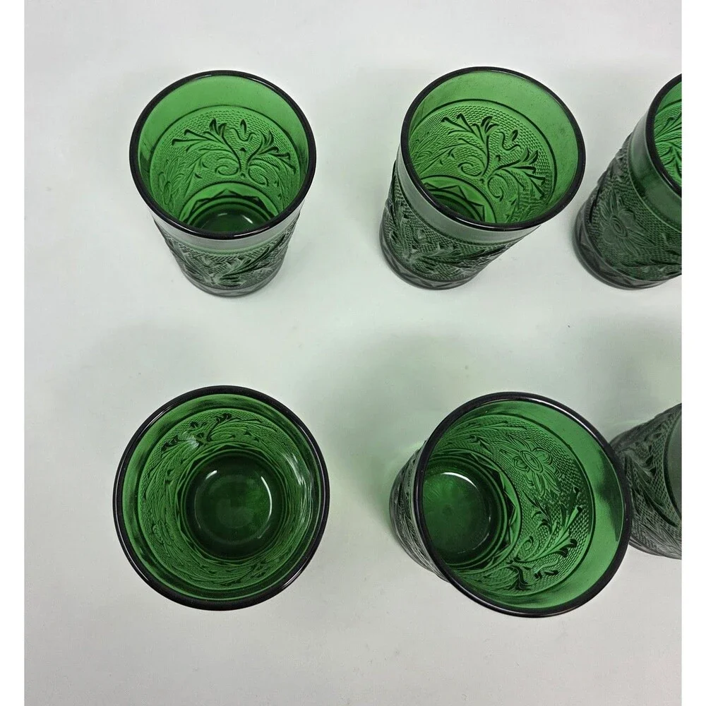 Anchor Hocking Sandwich Forest Green Juice Tumblers Set 6 Vintage Pressed Glass